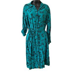 Ava & Viv Button Front Shirt Dress Women's Plus Size X Teal Black Floral Rayon